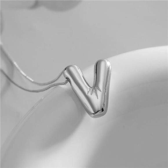 Silver Initial Pendant Necklace – Personalized Letter “V” Trendy Stuffed Bubble - Picture 2 of 5